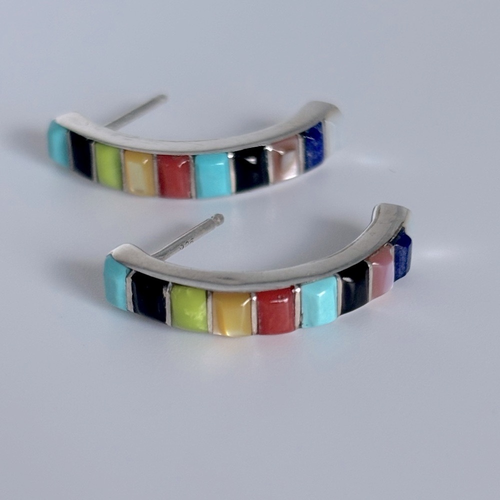 Dewa‎ Zuni Sterling Silver Multi Gemstone Inlay J-Hoop Earrings Rainbow Native